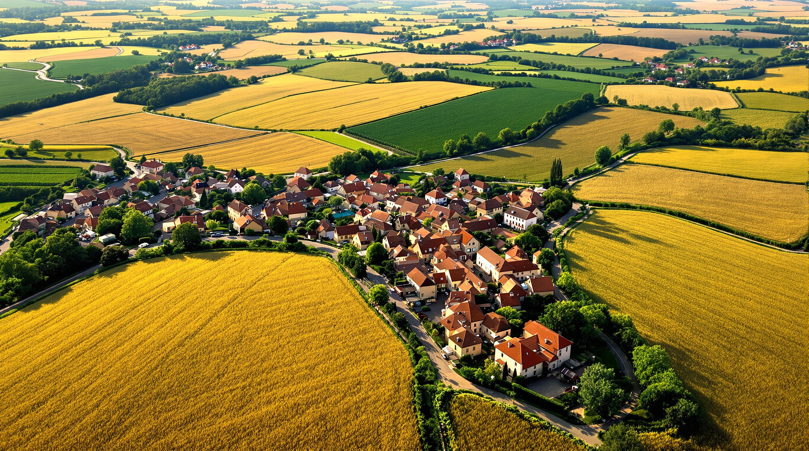 Vue aérienne de La Salvetat-Lauragais en Haute-Garonne avec ses toits en tuiles canal et les champs alentours.
