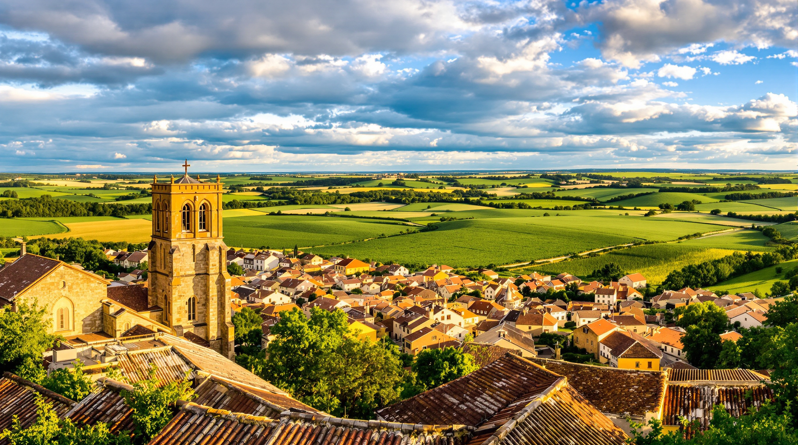 Vue panoramique du village de Saussens niché dans les collines du Lauragais. On y voit le clocher de l'église Notre-Dame qui dépasse des toits en tuiles et les champs cultivés qui s'étendent à perte de vue sous un ciel d'Occitanie.